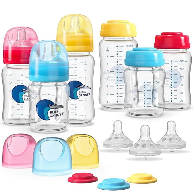 Multipurpose Anti-Colic Glass Baby Bottles with Slow Flow and Natural Flow Nipples, Breast Milk Collection and Storage Bottles, Wide-Neck Breast Pumps Compatible, 6-Pack (4oz, 6oz, 8oz)
