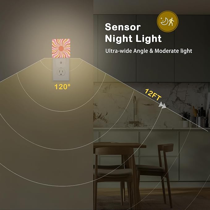 Boho Sun Night Light with Dusk to Dawn Light Sensors, Plug-in Wall Led Night Lights, Energy Efficient Lamp for Bedroom/Bathroom/Kitchen/Hallway/Stairs