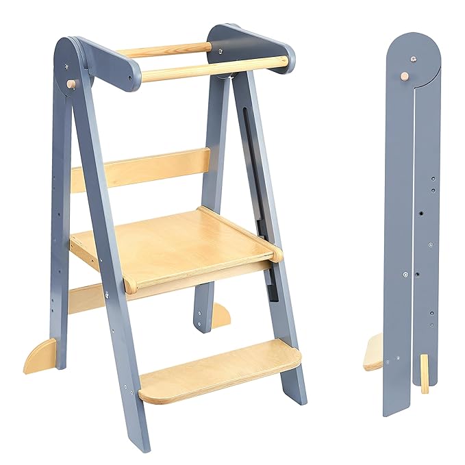 Foldable Toddler Tower Preassembled Kitchen Stool Helper, Folding Tower for Learning with 3 Adjustable Heights Montessori Toddler Standing Tower Kids Collapsible Wooden Step Stool, Light Gray