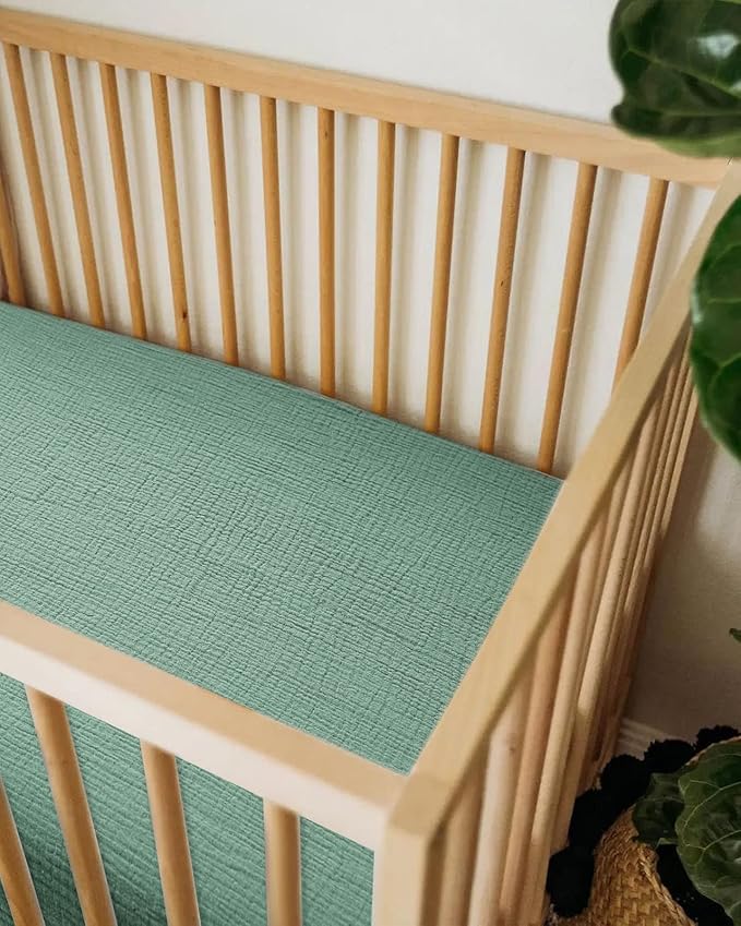 Mini Crib Sheets for Baby, Fitted Pack N Play Mattress and Mini Cribs 24" x 38", Neutral Muslin Cotton Mini Crib Mattress Sheet with Boho Style, Soft and Breathable Comfort (Roman Green)