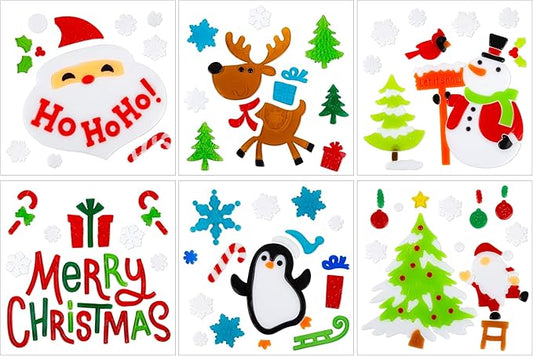 6 Sheet Christmas Window Clings Gel Santa Claus Snowman Snowflake Cardinals Penguin Christmas Window Decorations, Merry Xmas Wall Decor Stickers, School Home Xmas Party Decorations
