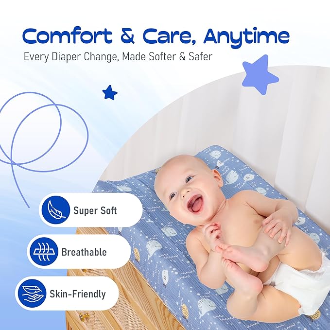 100% Muslin Changing Pad Cover Ultra Soft, Breathable, Secure Fit, Fade-Resistant Prints for Boys and Girls (Pack 2)