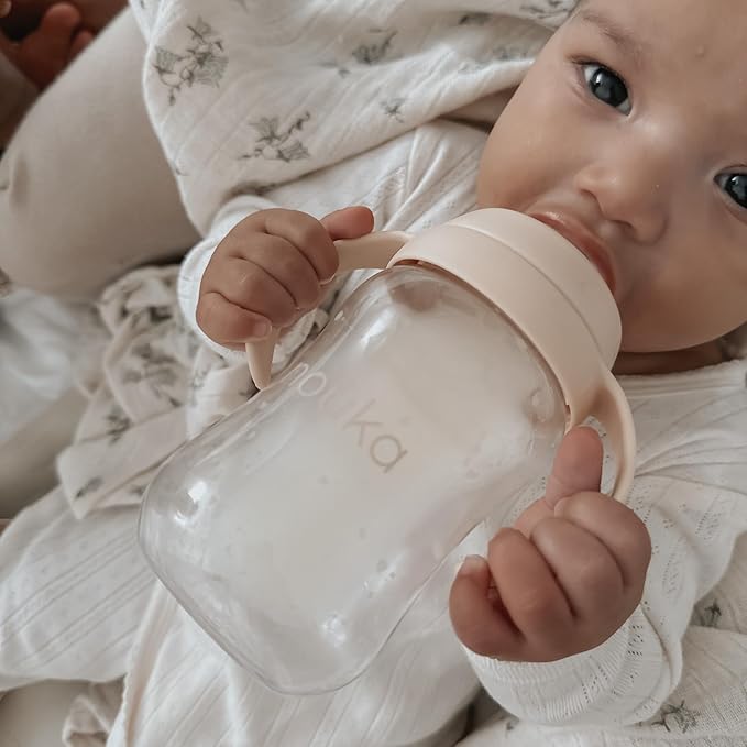 noüka Transitional Baby Bottle/Sippy Cup | Non Spill | Easy Grip Double Handles | Dishwasher Friendly | Moss | Size 8 Oz