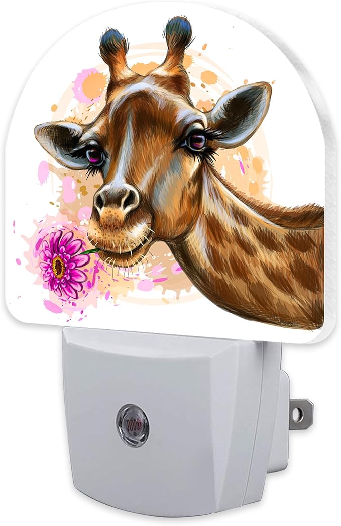 Cute Giraffe Bite A Flower Night Light, Watercolor Wild Animal Floral Dusk to Dawn Night Light Plug in,0.5w Energy Saving Sleep Friendly NightLight for Kids Boys Girls Home Decor