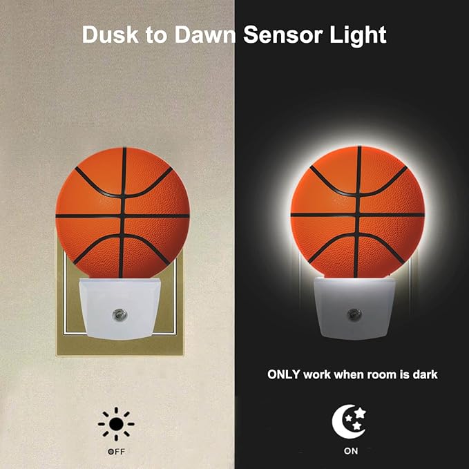 EKOBLA Basketball Night Light American Ball Sports Design Plug-in Night Lights with Dusk-to-Dawn Sensor for Bedroom Bathroom 0.5W 0.5W Sleep-Friendly for Men Boys Gift (Black Orange)