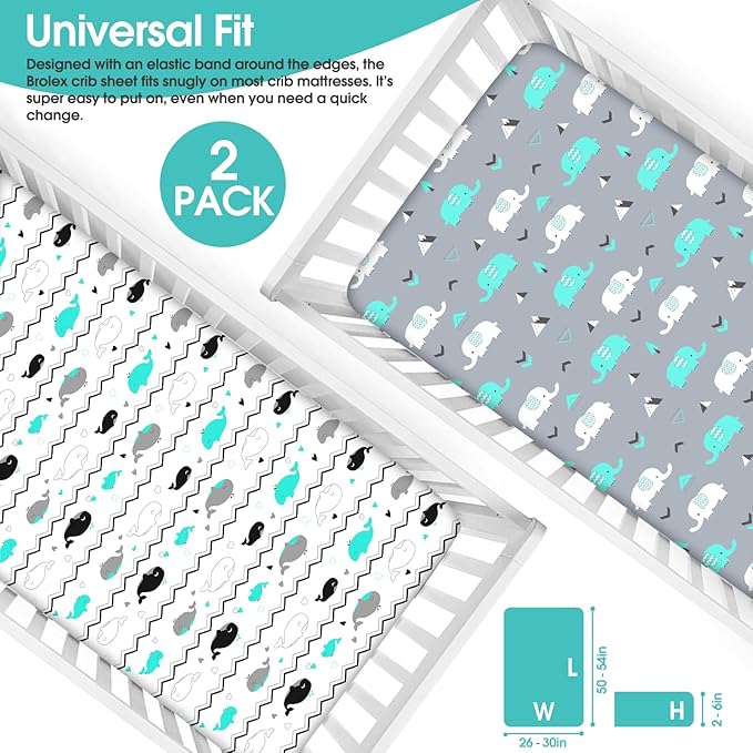 BROLEX Baby Fitted Crib Sheets: Kid Crib Sheets - Set of 2 for Toddler Standard Size Crib Mattress for Boys and Girls - Jersey Knit Crib Bed Sheets Elephant Whale