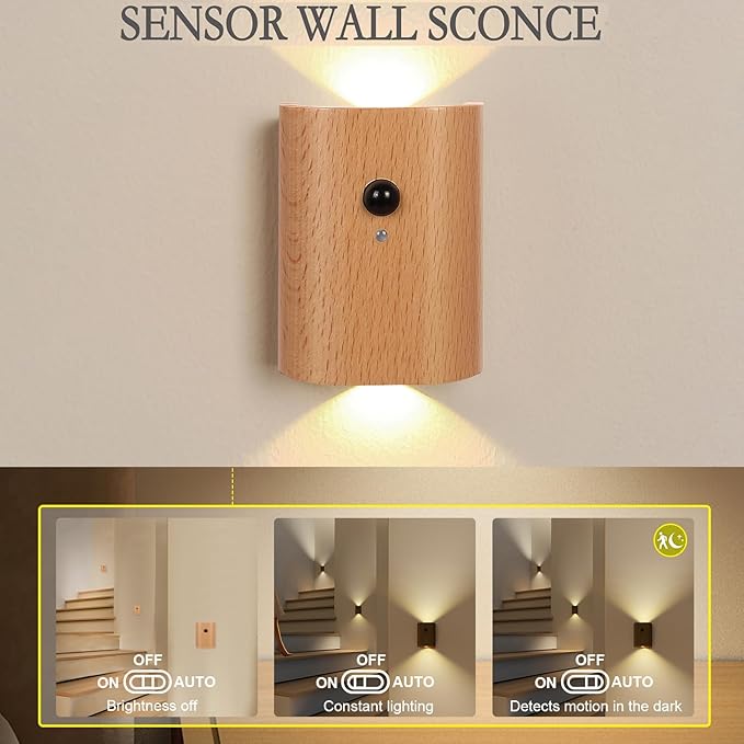 LANDGOO White Ash Wood Night Light Step Light - Smart Motion Sensor Stair Lighting, Rechargeable 2700K LED for Bedroom Hallway Safety, Easy Install (1 Pack)