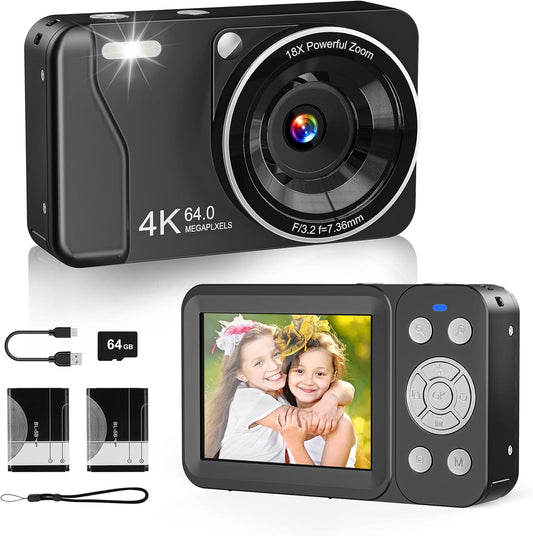 Digital Camera, 4K 64MP, 18X Zoom, Point and Shoot Digital Camera with 64GB TF Card & 2 Batteries, Portable Rechargeable Small Camera for Kids Teens Adult, Black