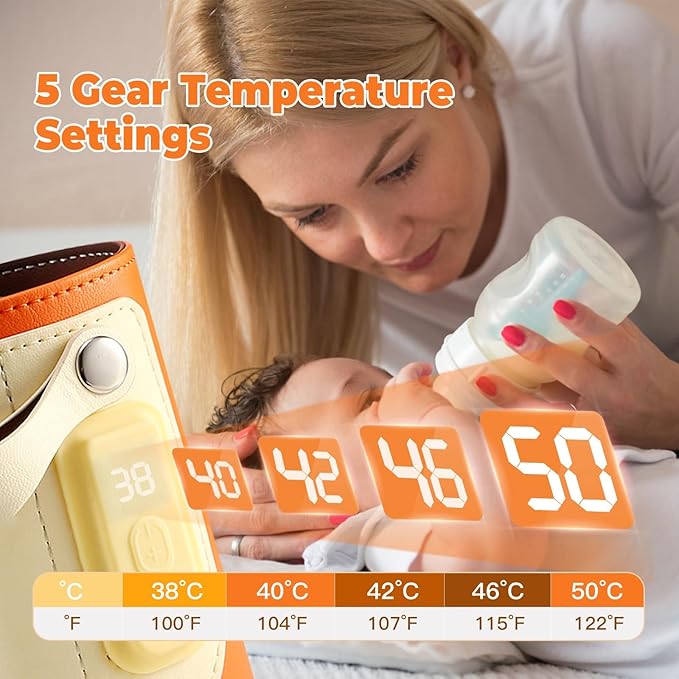 Baby Bottle Warmer – Portable Milk Warmer with 5 Adjustable Temperature Levels, LED Display & Fast Charging, Bottle Insulation Cover for Travel, Car & Outdoor Use