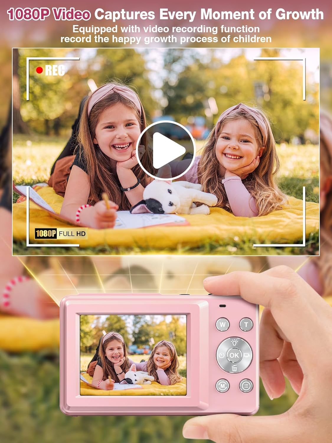 Digital Camera,FHD 1080P Kids Camera 44MP Point and Shoot Digital Cameras with 32GB Card,16X Zoom,Anti-Shake,Date Stamp,Compact Small Cameras Photography for Kids Student Teen Girl Boy(Pink)