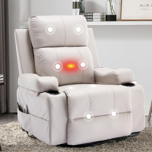 KCQ Electric Swivel Recliner Chair with Massage Heat Cup Holders Overstuffed PU Leather Power Rocking Glider Chairs Rocker Recliner for Adults, Beige