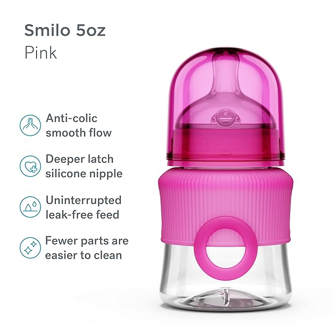 Smilo Baby Bottle Set with Stage 0 Slow Flow Anti Colic Nipple, 5 Oz / 150 ml Capacity, 3X Pack of Anti Colic Baby Bottles 0-3 Months - Pink