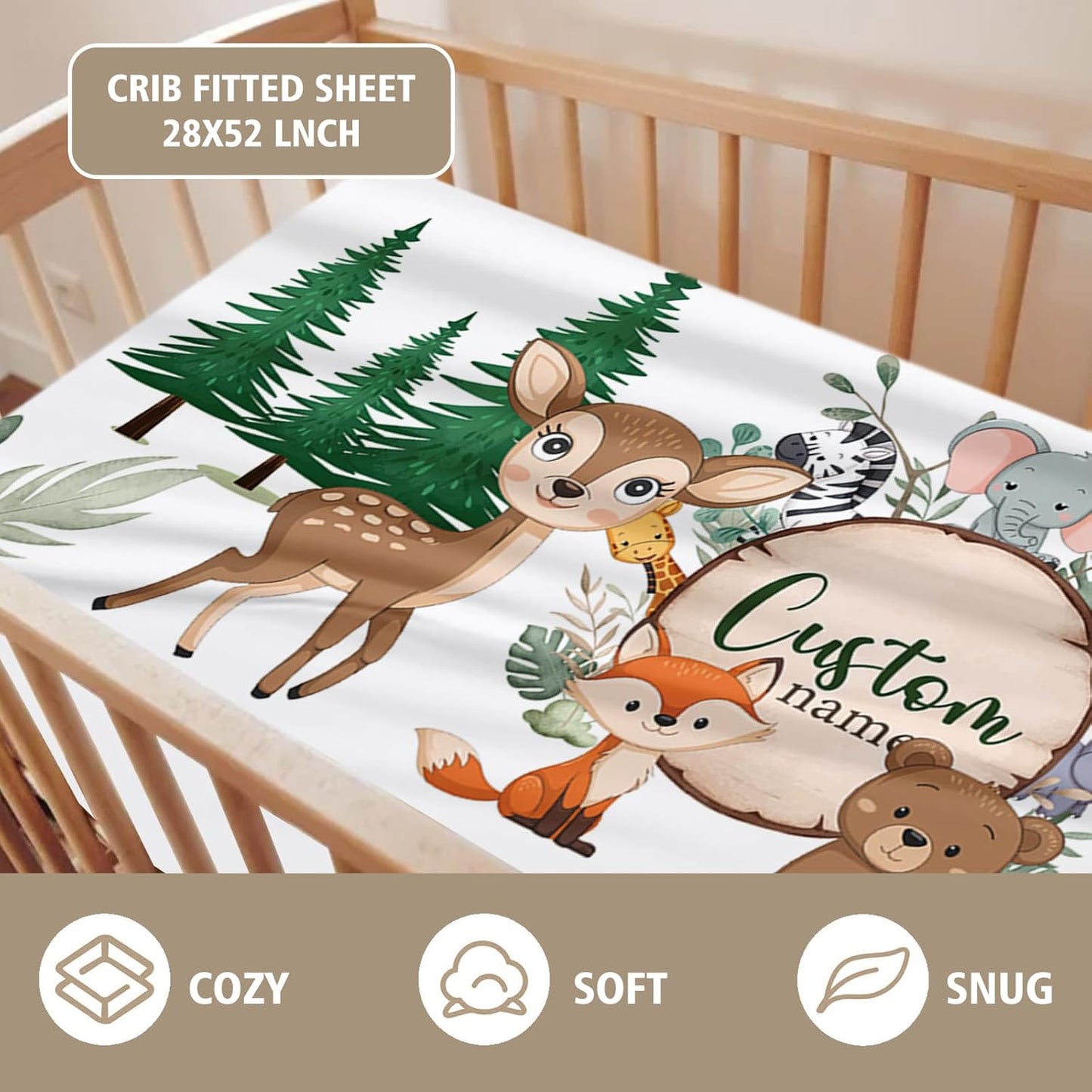 Custom Name Crib Bedding Set - Animal Theme, Personalized Nursery Bedding 3-Piece Set– Soft Blanket, Fitted Sheet, Changing Pad Cover – for Newborns Boys Girls Nursery Gifts