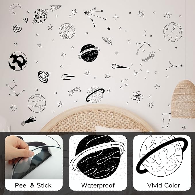 Space Themed Nursery Wall Decals Kids Room Wall Art, Outer Space Nursery Decals, Star Decals, Kids Room Decor, Nursery Decor, Planets Wall Stickers for Boys Bedroom Playroom Wall Decor