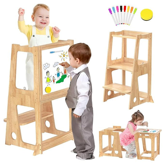 4 in 1 Kids Toddler Kitchen Stool Helper with Double-Sided Whiteboard, Wooden Toddler Learning Standing Tower, Non-Skid Feet Children Step Stool for Kitchen Counter, Bathroom Sink, Adult Use
