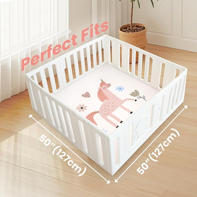 Baby Play Mat for Floor,1.3" Thick Cushioned Playpen Mat 50"x50",Extra Soft Elasti-Foam,Water Repellent Coral Velvet,Non-Slip for Crawling&Tummy Time,Infant Toddler Kids Nursery Rug(Unicorn)