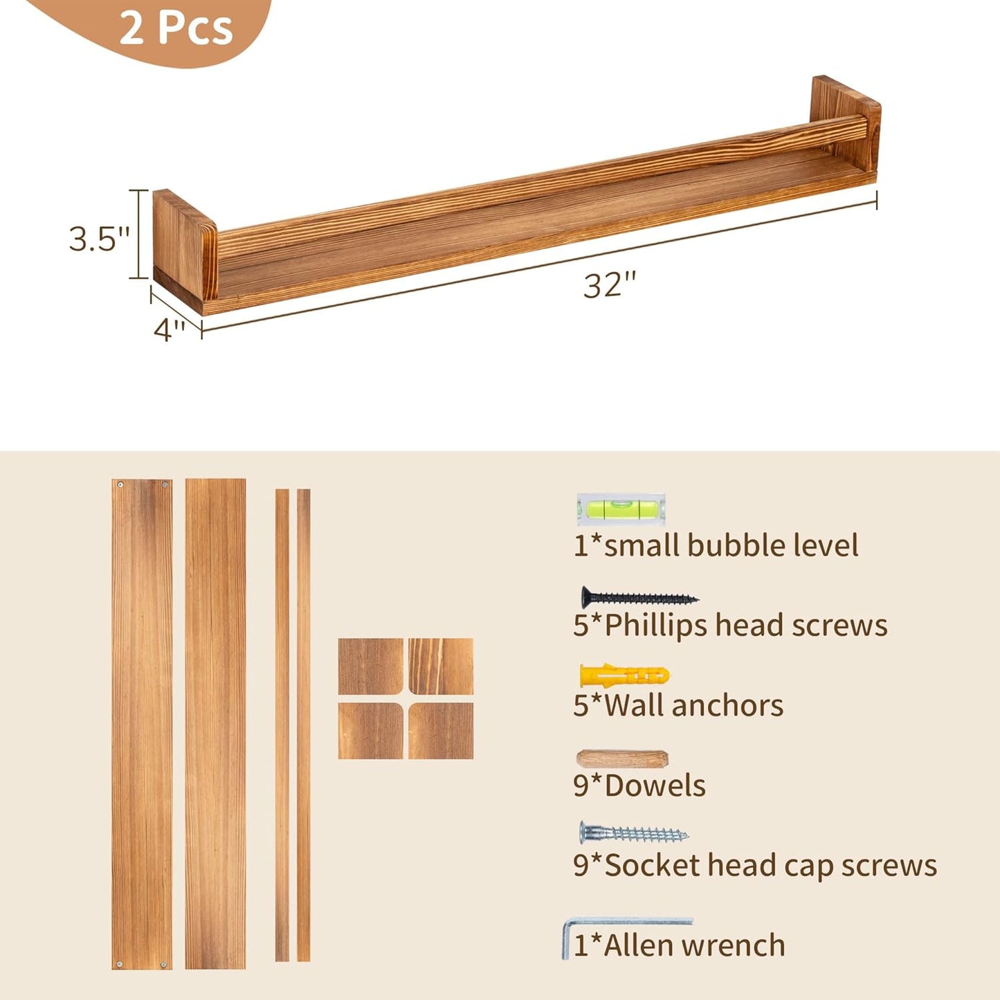Fun Memories Nursery Book Shelves - Rustic Natural Solid Wood Floating Bookshelf for Kids - Wall Book Shelves for Kids Room (Carbonized, 32inch - 2P)