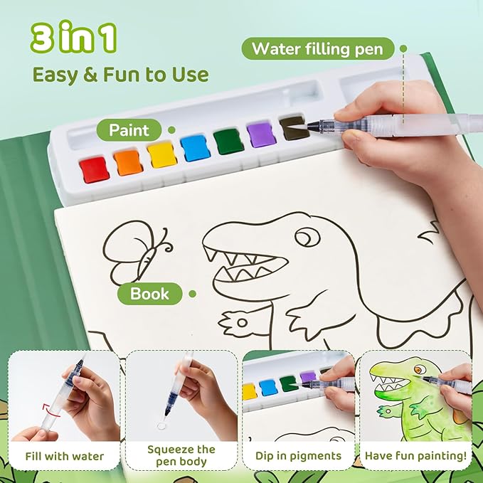 JoyCat Paint with Water Coloring Books for Toddlers, Watercolor Painting Sets for Kids Ages 3-5 4-8, Arts and Crafts Drawing Activities Toy Birthday Gift for Boys Girls (Dinosaur & Vehicle)