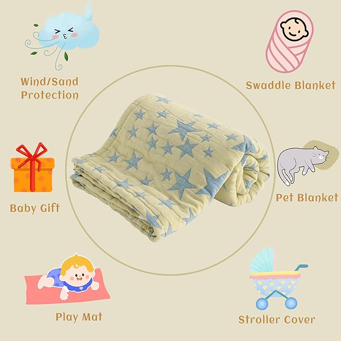 NTBAY 3 Layer Toddler Blanket, Muslin Cotton Jacquard Bed Blankets, Lightweight Thermal Baby Blanket, Super Soft and Warm Crib Blanket for All Seasons, Decoration Gift, 30"x40", Blue and Yellow Star