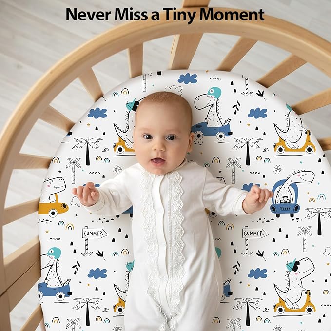 Baby Bassinet Sheets Girl Boy, Fitted Bassinet Sheet Set 3 Pack Bassinet Mattress Sheets Universal Fit for Rectangle, Round, Oval, Hourglass Mattress, Soft Breathable Grey & Blue Car