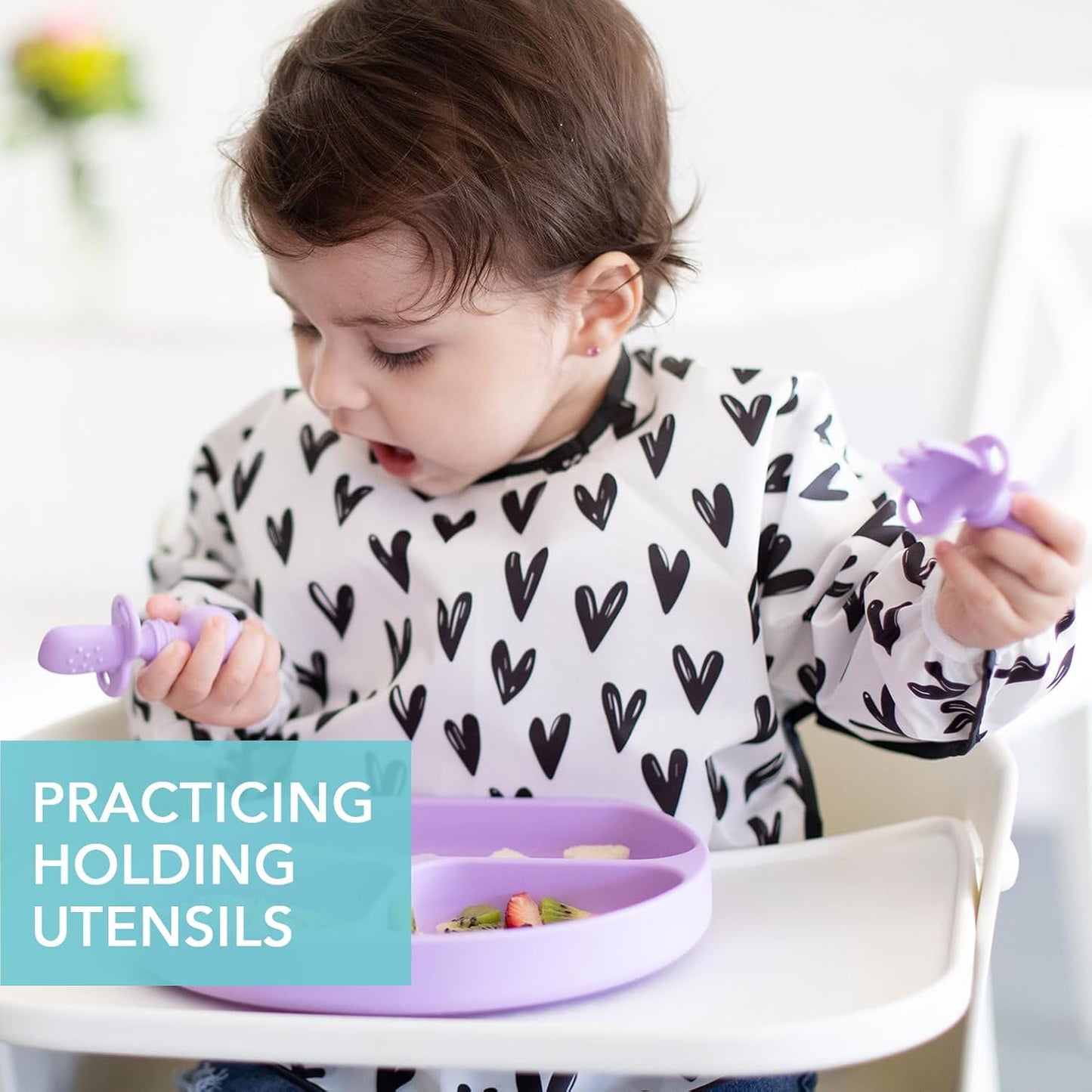 Bumkins Baby Utensils Set, Chewtensils Silicone Spoons for Dipping, Self-Feeding, Baby Led Weaning, Trainer Learning, First Stage Eating, Soft Practice Fork and Spoon, Babies 6 Months, Lavender