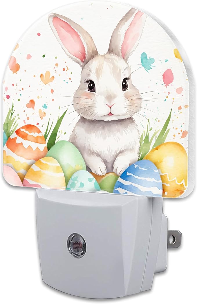 Easter Rabbit and Eggs Night Light Plug into Wall,Happy Easter Bunny Watercolor Floral Dusk to Dawn Night Light Plug in,0.5w Energy Saving Sleep Friendly NightLight for Kids Boys Girls Home Decor