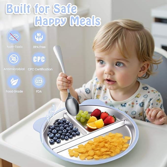 Stainless Steel Kids Plate with Suction Set of 2, 9″ Toddler Divided Plates with Removable Non Slip Silicone Sleeves, Baby Snack Dishes, Non Toxic and BPA Free, Light Pink & Baby Blue