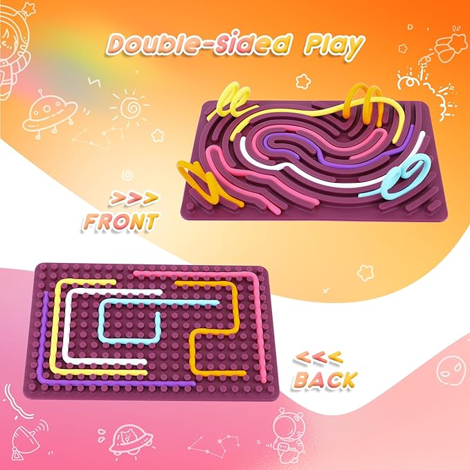 Sensory Activity Board, Silicone Fidget Toy for Stress Relief, Calming, Focus, ADHD and Autism, 6 Colors Sensory Toys Game Controller for Kids 2+ & Adults with 20 Strings (Purple)