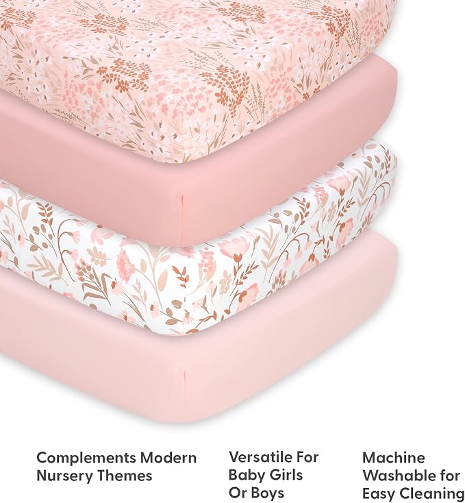 The Peanutshell 4-Pack Fitted Crib Sheet Set - Super Soft & Breathable Baby Girl Crib Sheets, Nursery Decor, Fit for Standard Mattress Cover- Whimsical Floral