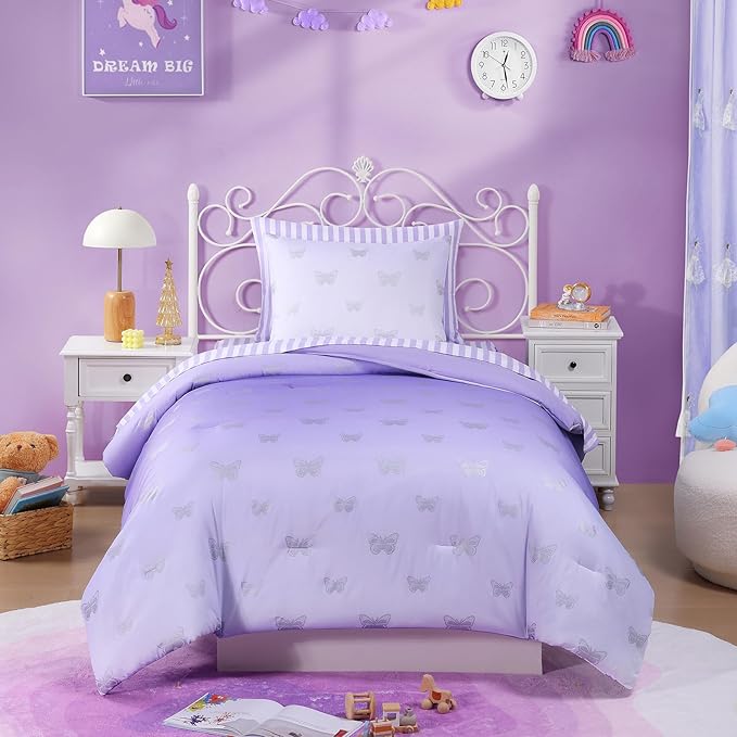 Twin Comforter Set with Sheets for Girls-5 Pieces Twin Bedding Sets with Purple Comforter, Sheets, Pillowcase & Sham for Kids (Purple Butterfly, 66" X 86")