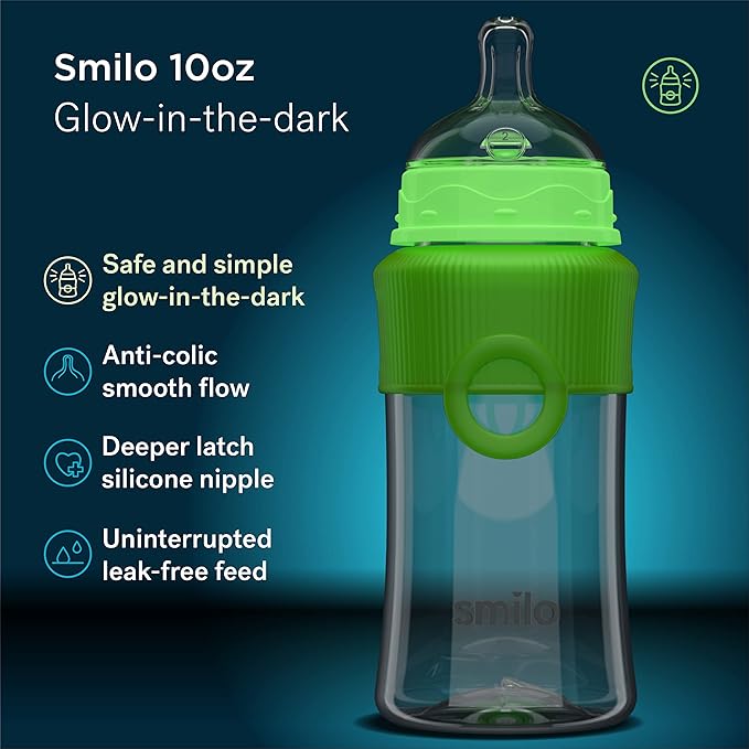 Smilo Baby Bottle Set with Stage 0 Slow Flow Anti Colic Nipple, 10 Oz / 300 ml Capacity, 3X Pack of Anti Colic Baby Bottles 0-3 Months - Glow in The Dark