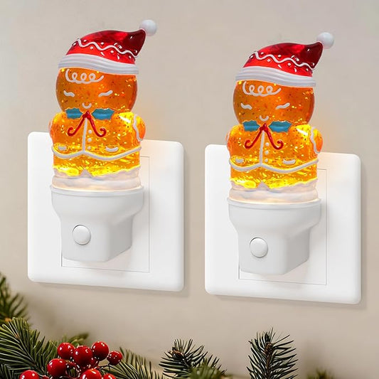 2 Pack Christmas Night Light Plug into Wall Glitter Water Nightlight with USB/Outlet Options, Christmas Gingerbread Decorative Nightlight for Bedroom Kitchen Holiday Decorations Gifts (Gingerbread)