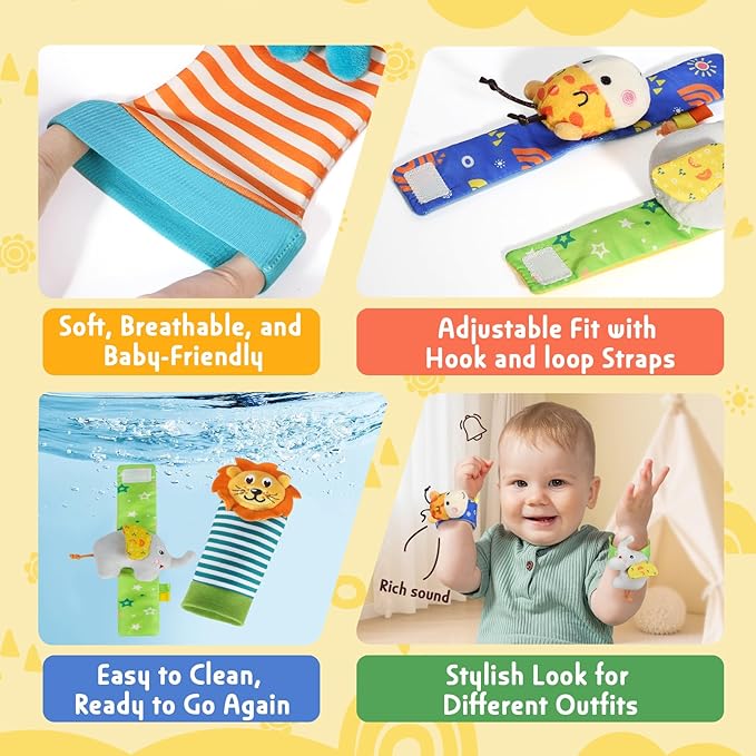 URMYWO Wrist Rattles for Baby - Rattle Socks - Foot Finder Set - Baby Toys for 0-12 Months Infant - Newborn Essentials - Early Learning Sensery Toys for Boys and Girls as Shower Gifts
