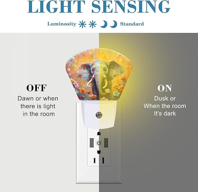 Watercolor Elephant Night Light for Kids Girls Boys, Flowers LED Night Light Plug into Wall with Dusk to Dawn Sensor for Bedroom, Hallway, Kitchen, Bathroom, Stairs Decor