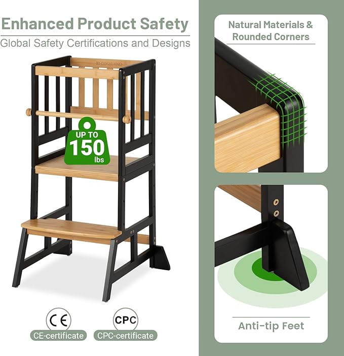 COSYLAND Toddler Standing Tower - Adjustable Height Toddler Kitchen Stool Helper - Kids Kitchen Step Stool for Learning with Removable Safety Railing Black&Natural