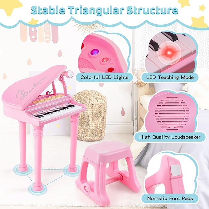 Costzon Kids Piano, 31 Key Mini Grand Piano Toy Keyboard with Microphone, Stool & Lights, Portable Electronic Piano Educational Musical Instrument Toy, Birthday Gift for Toddler Boys Girls (Pink)
