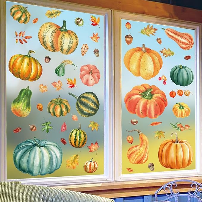 6 Sheets Fall Pumpkin Window Clings Colorful Autumn Pumpkins Leaves Pinecone Designs Double-Sided Fall Leaves Window Clings for Thanksgiving Home School Party Decor Accessories