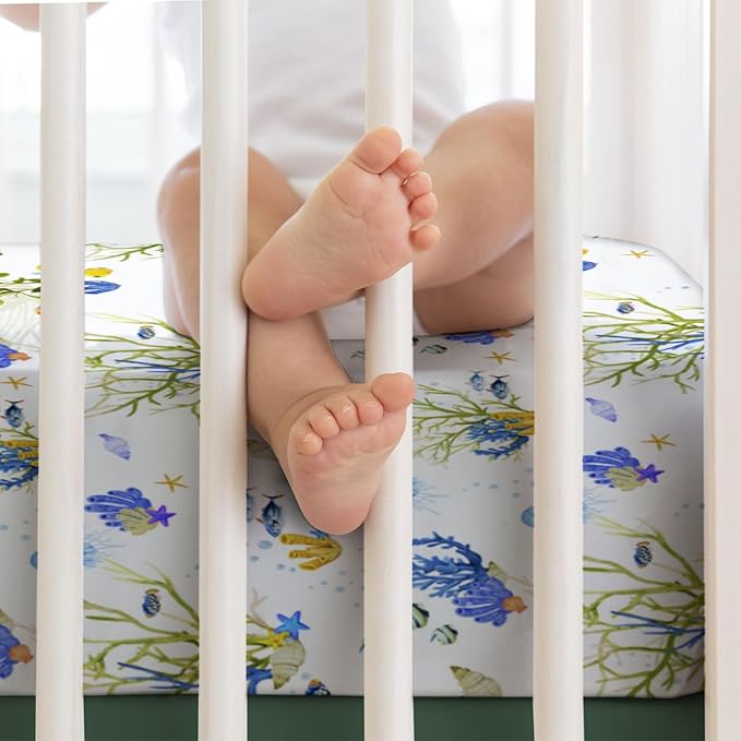 Colorful Undersea Fishes Jellyfish Sea Weeds Baby Crib Sheet 52''x28'' Nautical Life Fitted Crib Mattress Cover for Boy Girl Nursery Toddler Bed Sheets for Standard Crib and Toddler Mattresses