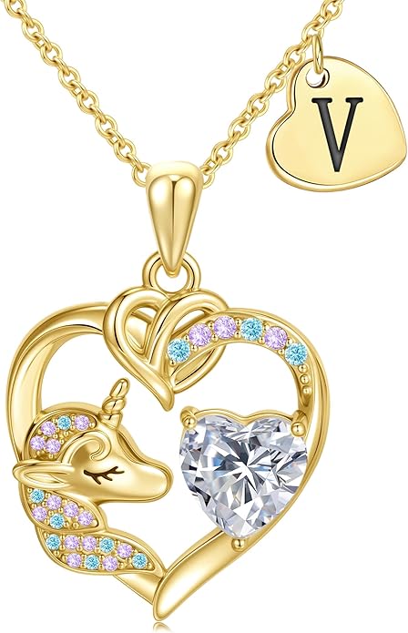 C-leen Unicorn Gifts for Girls Kids - Colorful CZ Heart Initial Necklaces Unicorn Necklace for Girls Jewelry Christmas Birthday Gifts for Little Girl