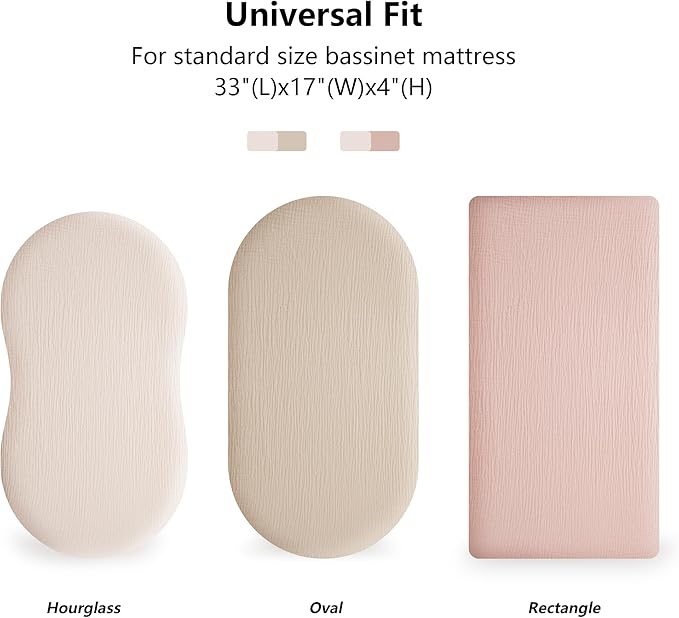 Muslin Bassinet Sheets for Babies – Soft & Breathable 100% Cotton Fitted Sheets for Oval, Rectangle, Hourglass Bassinet Mattress Pads, 2-Pack (Ivory & Pink)