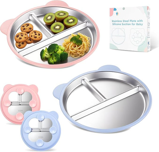 Stainless Steel Kids Plate with Suction Set of 2, 9″ Toddler Divided Plates with Removable Non Slip Silicone Sleeves, Baby Snack Dishes, Non Toxic and BPA Free, Light Pink & Baby Blue