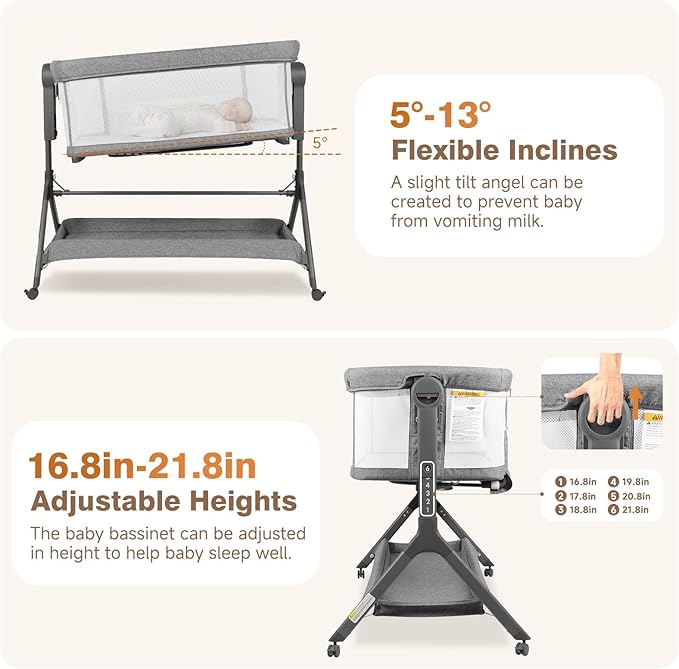 Baby Bassinet Bedside Sleeper, Baby Crib for Infant, 6-Height Adjustable, Rocking Mode with Breathable Mesh & Mattress, Quiet Wheels & Easy Assembly, Stable and Secure Crib for Newborn, Grey