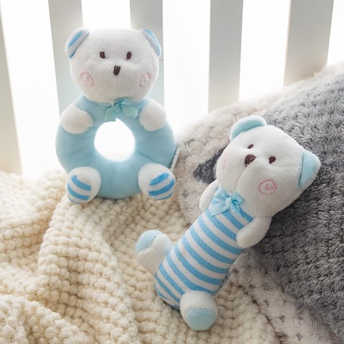 Plush Baby Soft Rattle Toys, Blue Bear Baby Rattles for Infants Baby First Stuffed Animal Plush Rattle Shaker Set for Newborns Soft Ring Rattle Sensory Toys for Infant Boys Girls Shower Gifts, 2 PCS