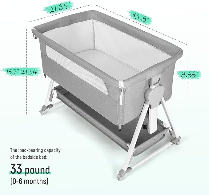 Cowiewie Bassinet Bedside Sleeper, Baby Bassinet with 7 Adjustable Height, Bedside Bassinet for Baby with Storage, Breathable Mesh & Mattress, Portable Bassinet Easy Folding (Grey and White)