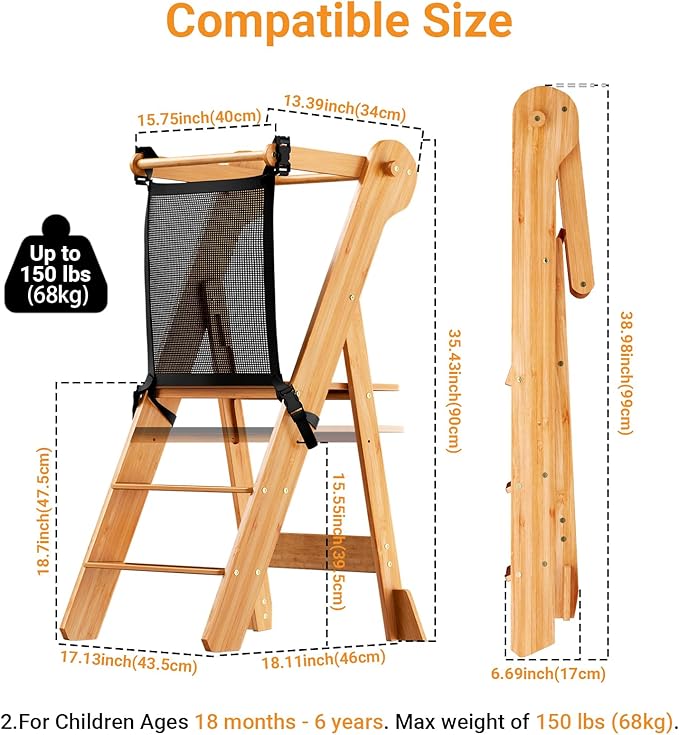 COSYLAND Foldable Toddler Standing Tower - Adjustable Height Folding Step Stool Kids Toddler Kitchen Stool Helper for Learning and Cooking - Ages 18 Months to 6 Years with Safety net Natural