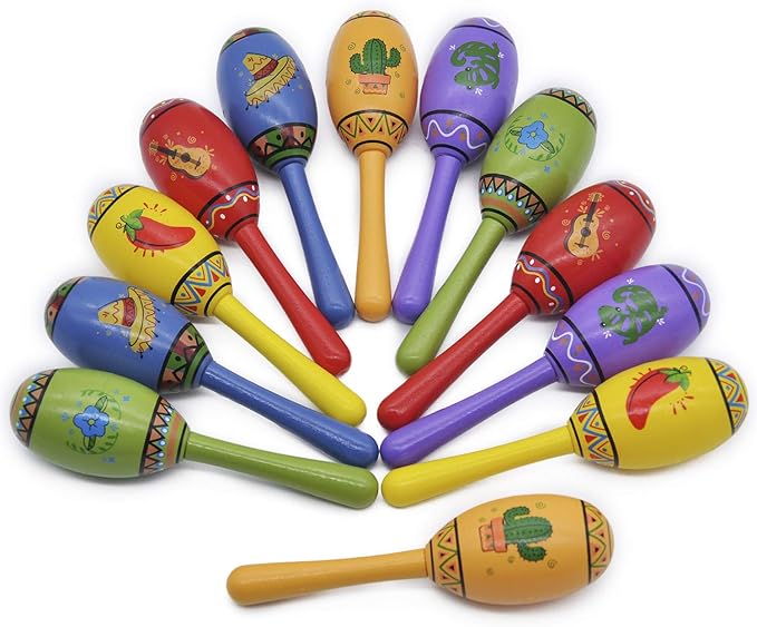 JOYIN 12 Mini Wooden Fiesta Maracas 6 Designs Noisemaker for Mexican Fiesta, Cinco De Mayo Party Favors, Musical Fun, Birthday Parties, Luau Party, Carnivals, Taco Tuesday Event