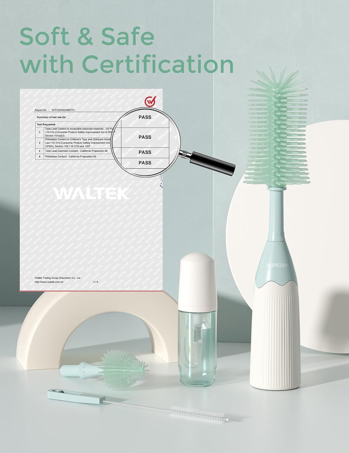 Momcozy Bottle Brush Kit, Innovative Push-Press Design for Better Cleaning - Baby Bottle Cleaner Brush for Baby Bottle, Breast Pumps, Nipples, and More - Can Generate Foam for Better Cleaning, Green