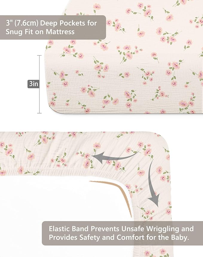 Pack and Play Sheets for Baby Boy and Girl 2 Pack, Neutral Muslin Cotton Pack N Play Mattresses Sheet 27"x39", Muslin Nursery Bedding Soft and Breathable Comfort (Rosy)
