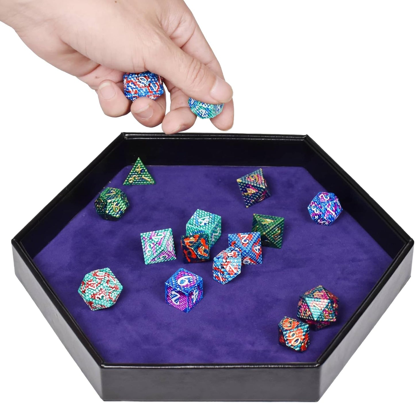 DND Dice Tray - 2 in 1 Rolling and Storage Hexagonal Tray, Faux Leather, Purple