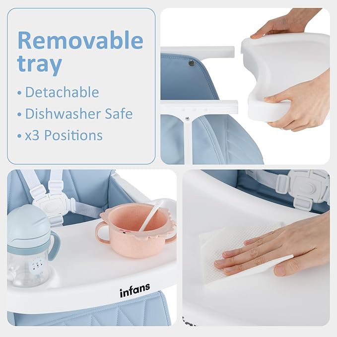 INFANS Baby High Chair, Quick Folding Portable Highchair for Babies and Toddlers with Adjustable Footrest Removable Dishwasher Tray PU Seat, Compact Highchairs for Baby Age 6-36 Months (Blue)